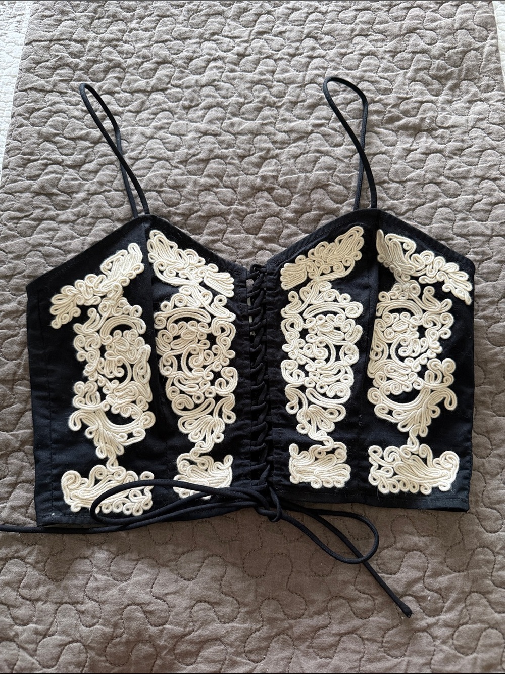 H&M Black Lace-Up Corset Crop Top with Cream Appliqué